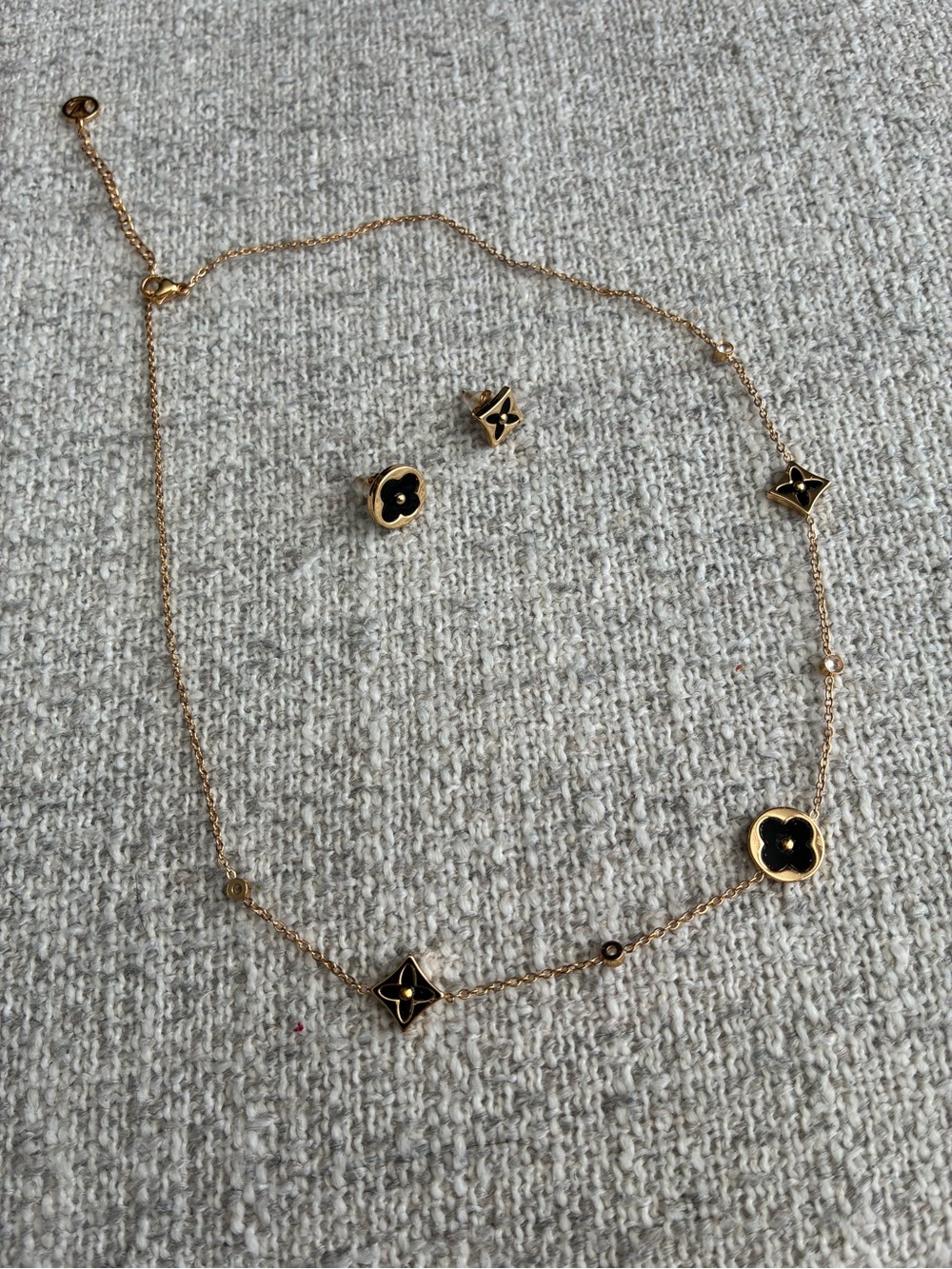 Gold & Black Clover Motif Necklace and Stud Earring Set